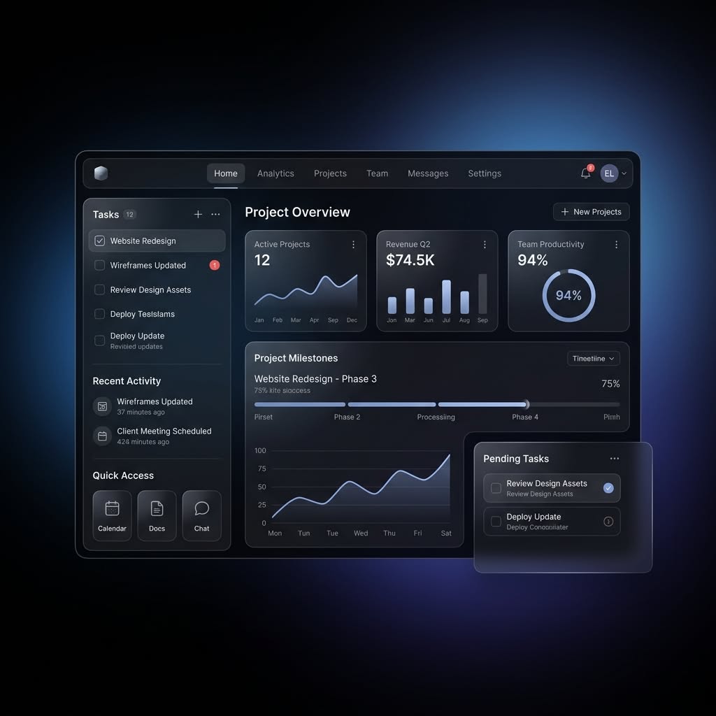 Dark-mode product dashboard UI representative of the Halcyon Health project