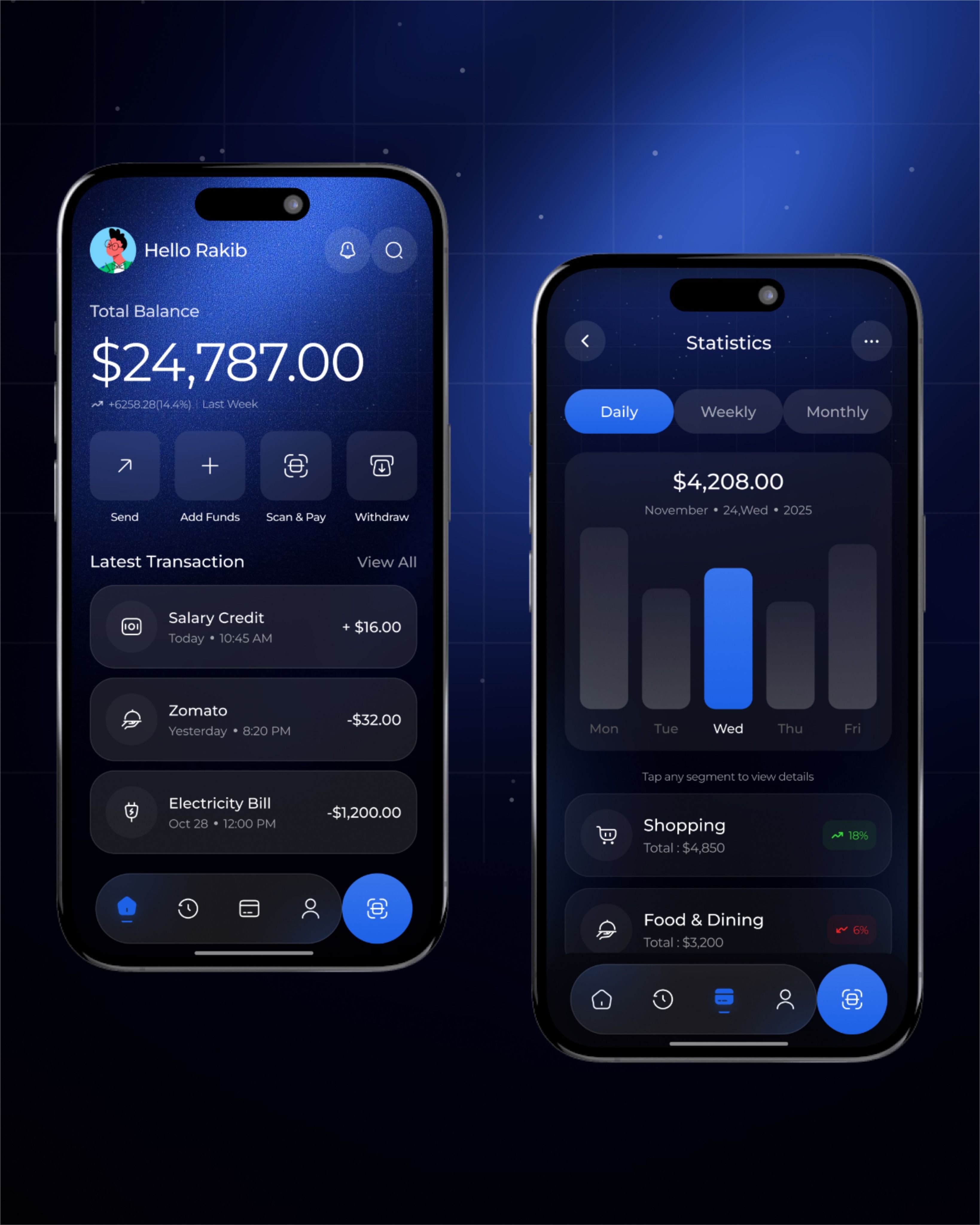 Dark-mode fintech app UI representative of the Fenwick & Rowe project
