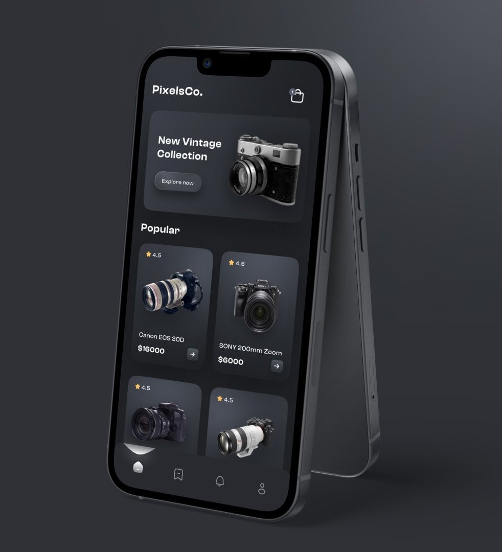 Dark-mode e-commerce app UI representative of the Arbor & Ives project